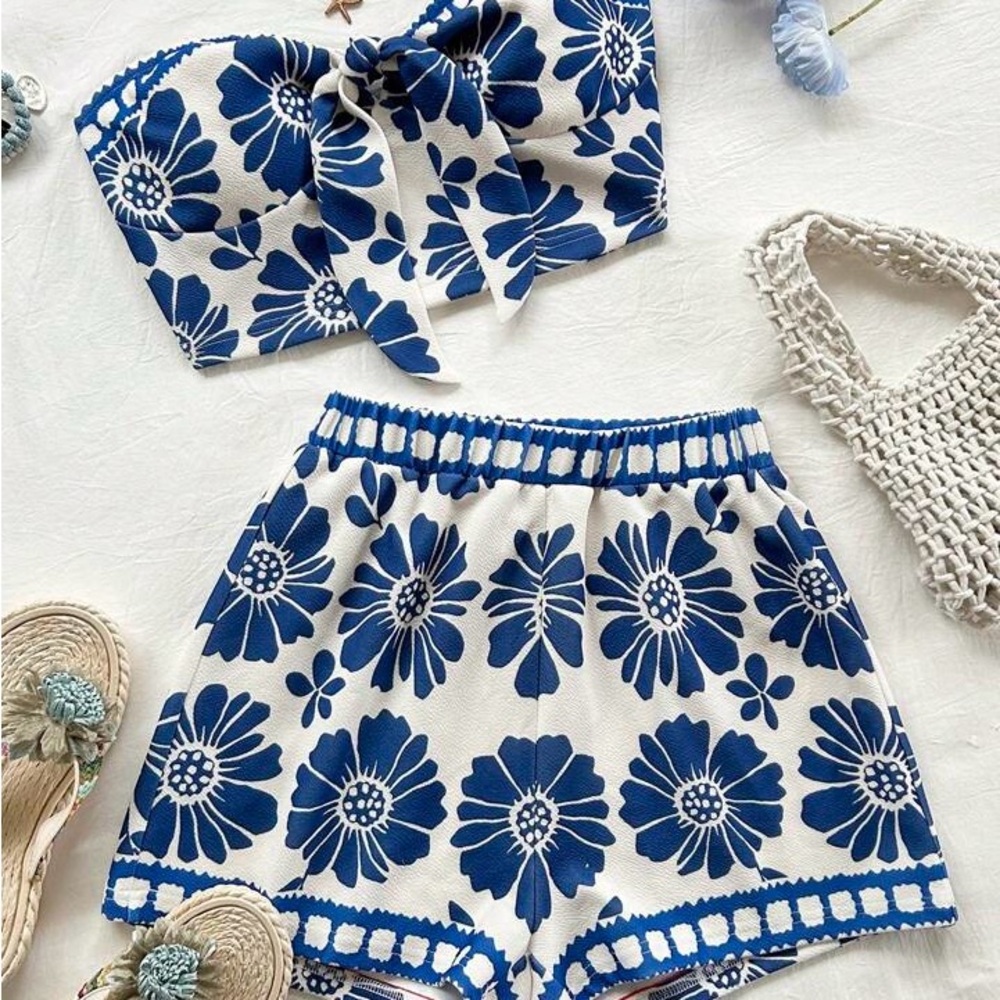 SHEIN Blue Floral High Waist Set